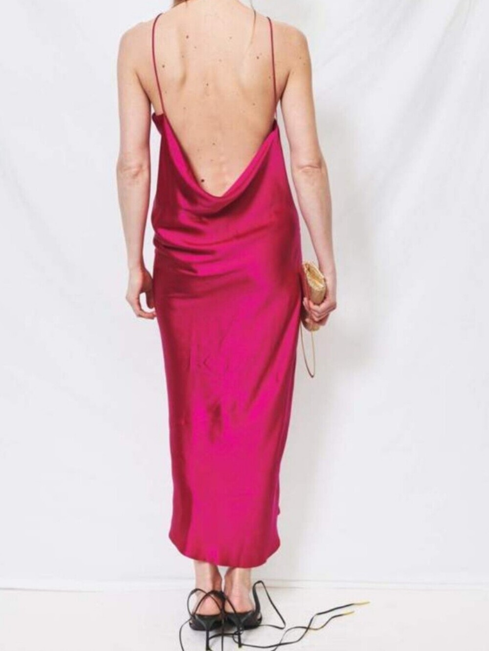 Alix NYX 100% Silk Quincy Midi Slip Dress Magenta Pink Drape Back Wmn Small Chic - Picture 2 of 16